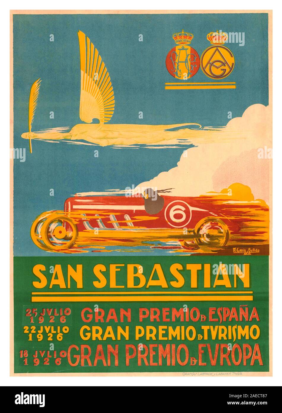 Grand Prix d'époque 1926 affiche pour le Grand Prix de San Sebastián 1926 qui s'est tenu au Circuito Lasarte à San Sebastian, Espagne, le 18 juillet 1926. Il a également été désigné comme Grand Prix d'Europe, et a été la troisième course de la saison de Championnat du monde des constructeurs AIACR 1926 (prédécesseur de la FIA). Le Delage 155B a fait ses débuts ici mais s'est avéré être assez difficile à conduire, les travaux Bugatti 39A a pris la 1ère place victoire et la troisième place dans l'événement. Banque D'Images