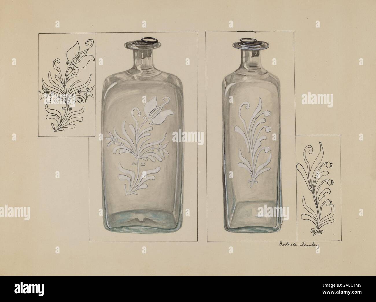 Une bouteille de liqueur conçue par Gertrude Lemberg vers 1936, destinée à stocker des boissons alcoolisées, en verre avec une forme et un design distinctifs. Banque D'Images