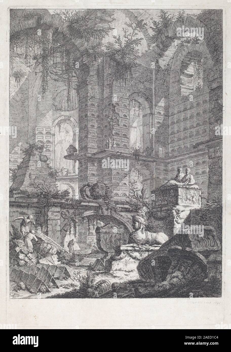 La gravure de Giovanni Battista Piranesi en 1742 représente une chambre sépulcrale, montrant des détails architecturaux, des tombes, des inscriptions, une perspective, et style de gravure italien du milieu du XVIIIe siècle. Banque D'Images