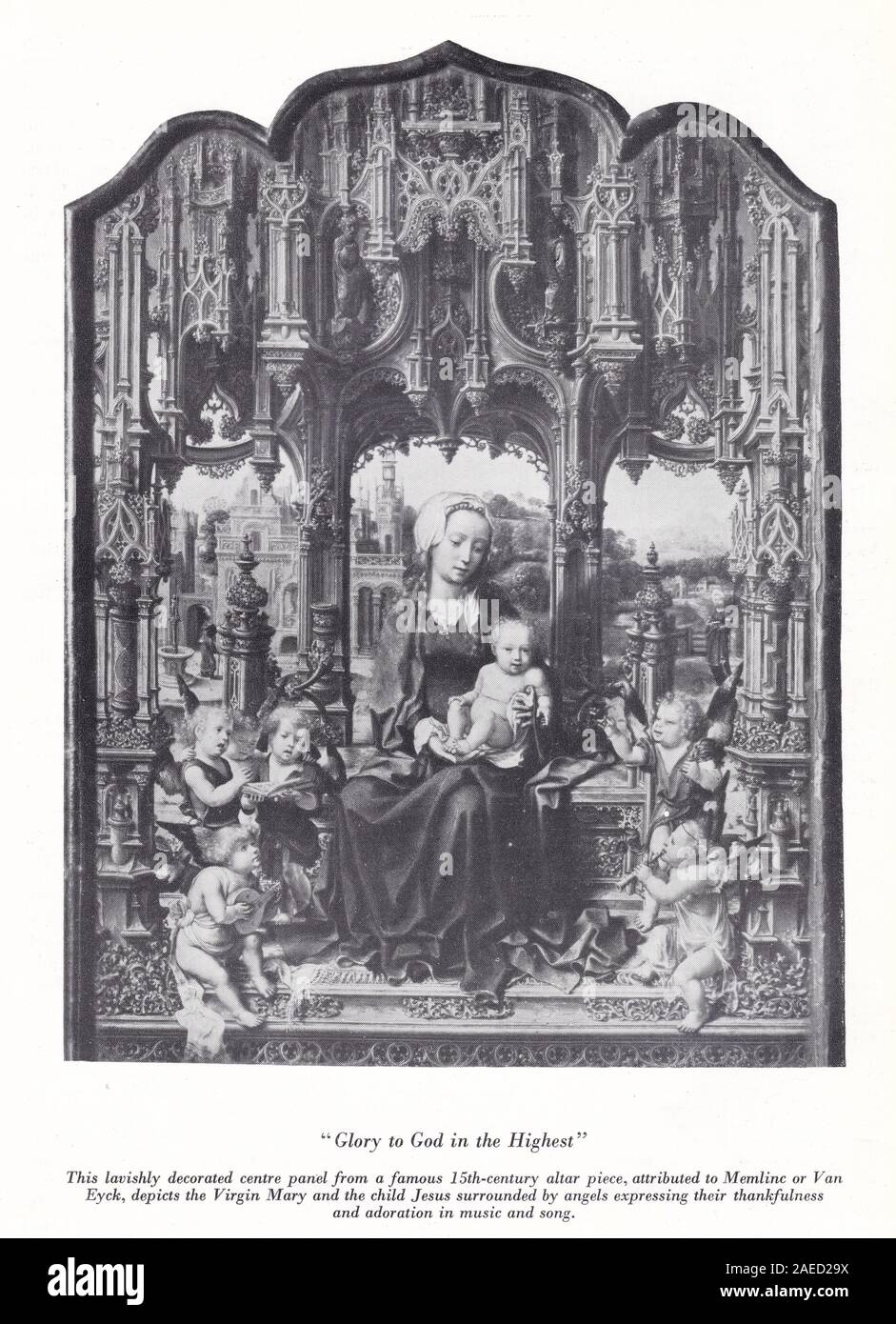 "Gloire à Dieu au plus haut" - panneau central d'un retable du 15ème siècle, attribué à Hotel Figaro ou Van Eyck. Vierge Marie et l'enfant Jésus. Banque D'Images