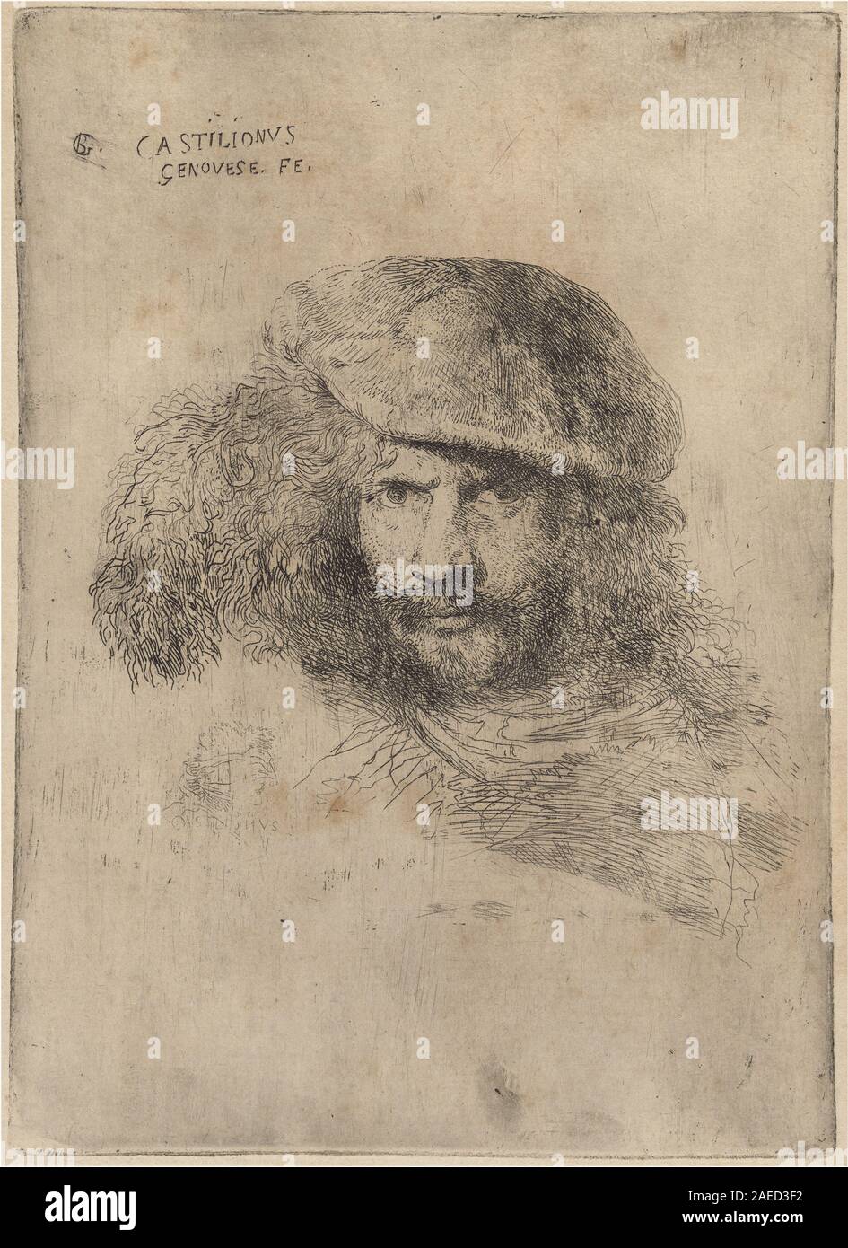 Giovanni Benedetto Castiglione, Autoportrait(), portant un chapeau à plumes (Portrait de Bernini), c 1645-1647 Self-Portrait( ?), le port d'un chapeau à plumes [Portrait de Bernini] ; ch. 1645/1647 Banque D'Images