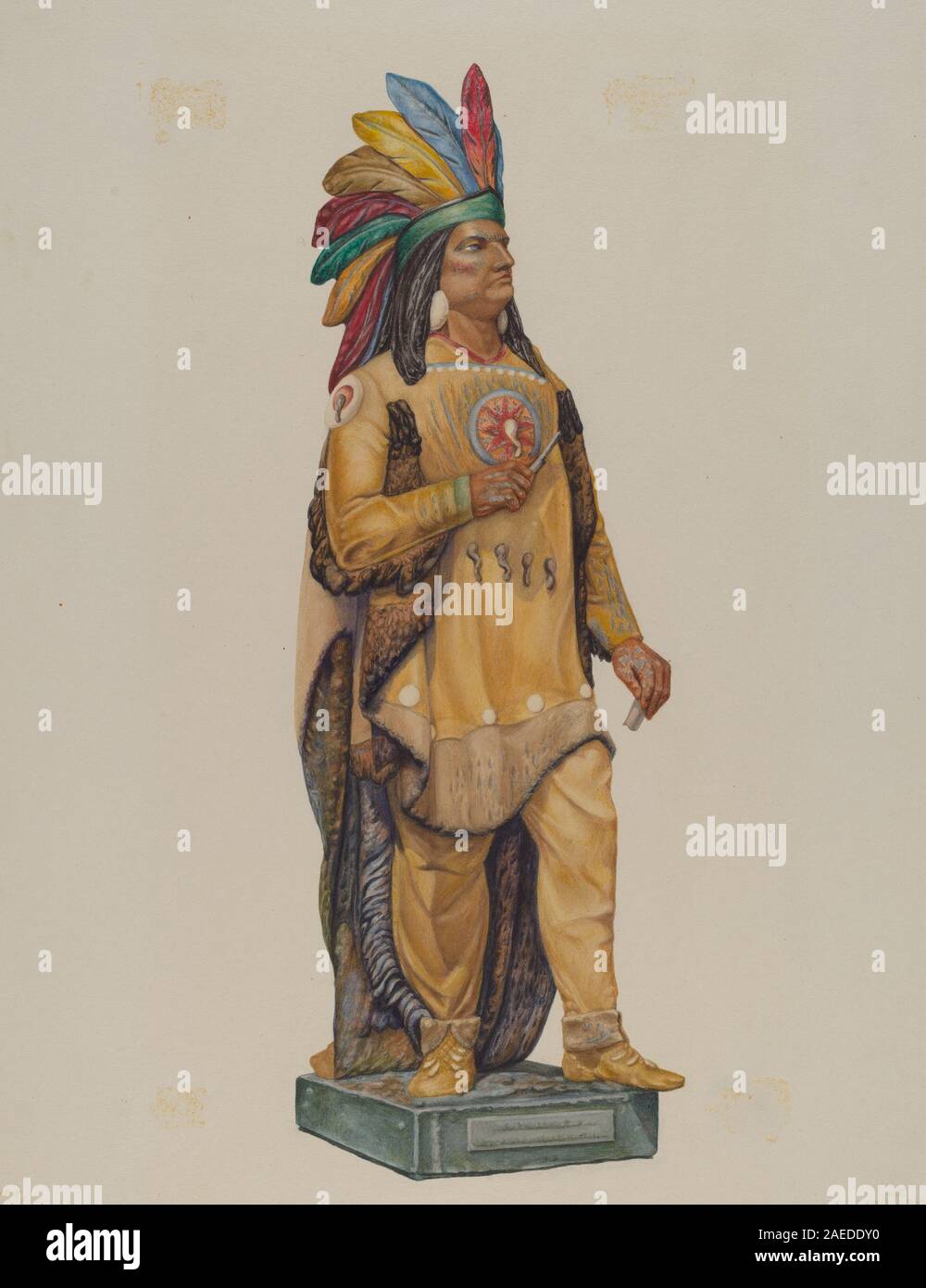 Figurine indienne Cigar Store réalisée entre 1935 et 1942 par Harriette Gale. La sculpture en bois sculpté montre des détails peints, des vêtements traditionnels et de l'artisanat du début du XXe siècle pour une exposition commerciale. Banque D'Images