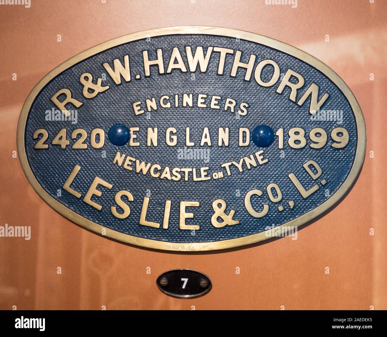 Plaque de 1899 œuvres R&W Hawthorn Leslie locomotive à vapeur, NRM York, England, UK Banque D'Images