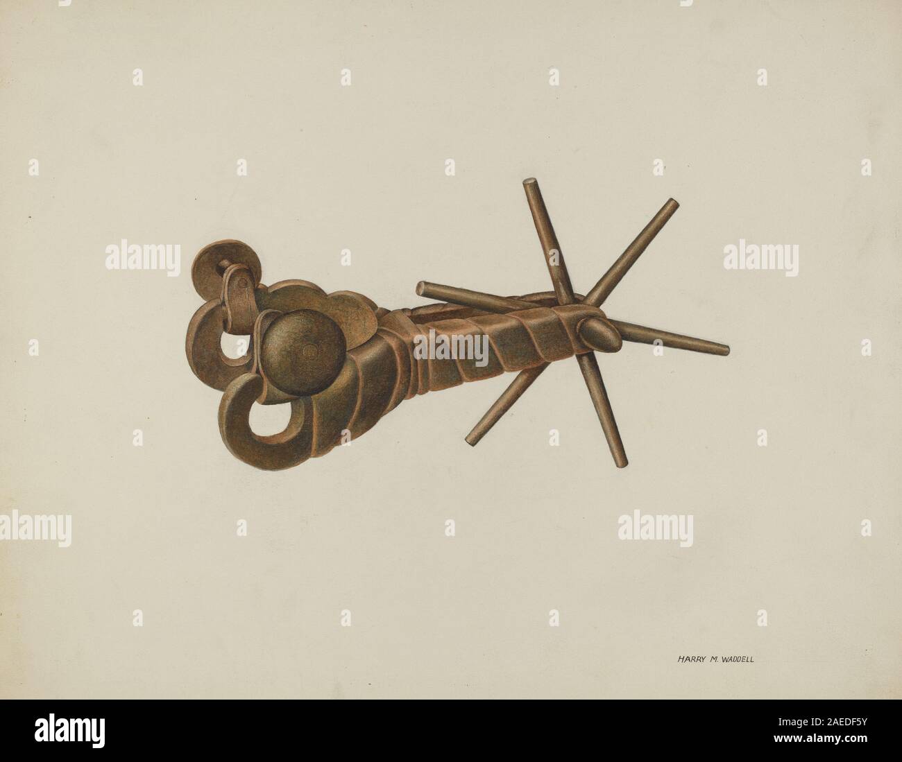 Un éperon d'équitation créé vers 1940 par Harry Mann Waddell. L'éperon comporte une tige métallique, une rotule et un bracelet en cuir, utilisés pour aider à l'équitation, démontrant la conception et l'artisanat de l'équipement équestre du milieu du XXe siècle. Banque D'Images