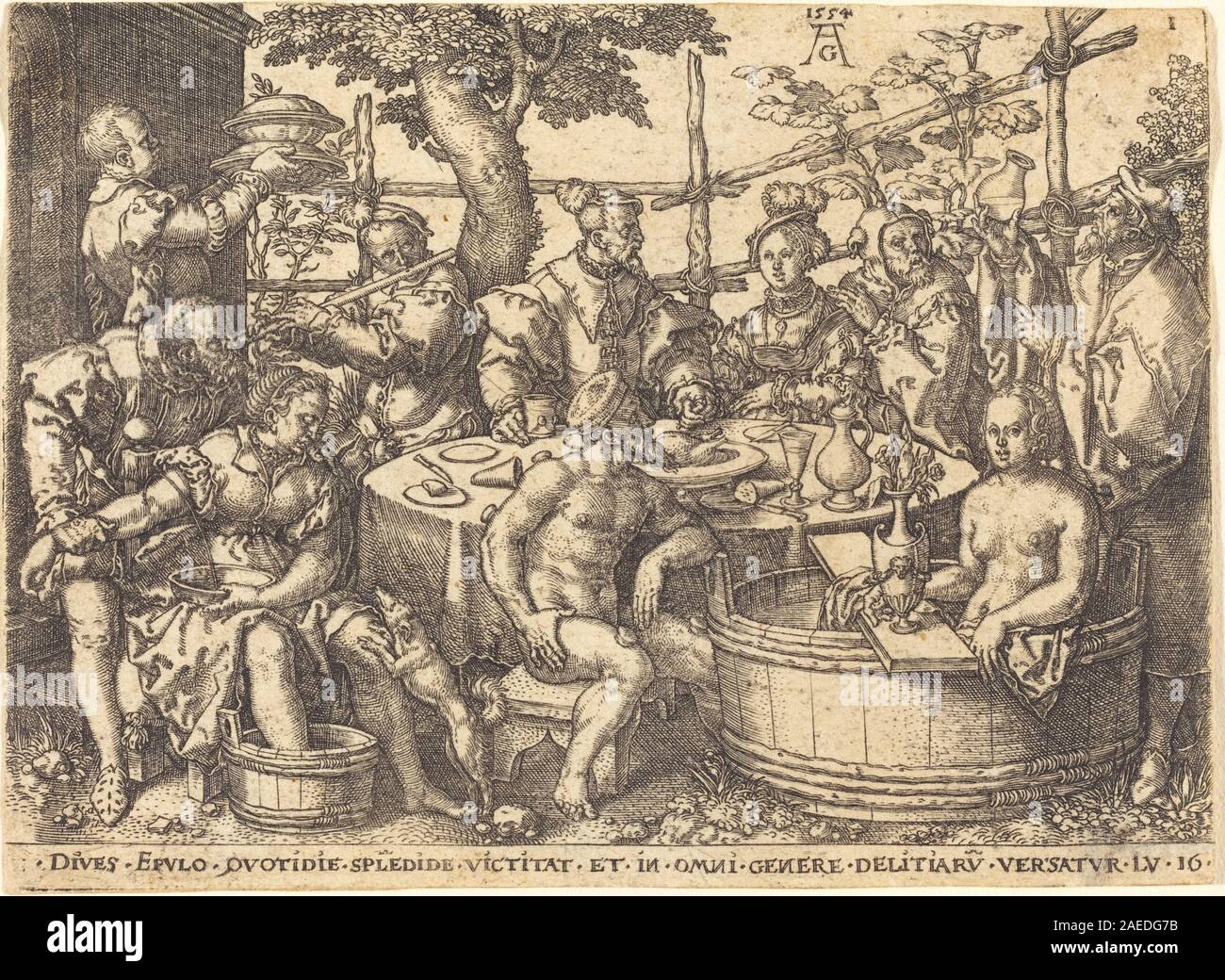 Gravure de Heinrich Aldegver de 1554 représentant la parabole biblique de l'homme riche à la table. La scène comprend des figures détaillées, des tables et des éléments symboliques illustrant la richesse et la moralité. Banque D'Images