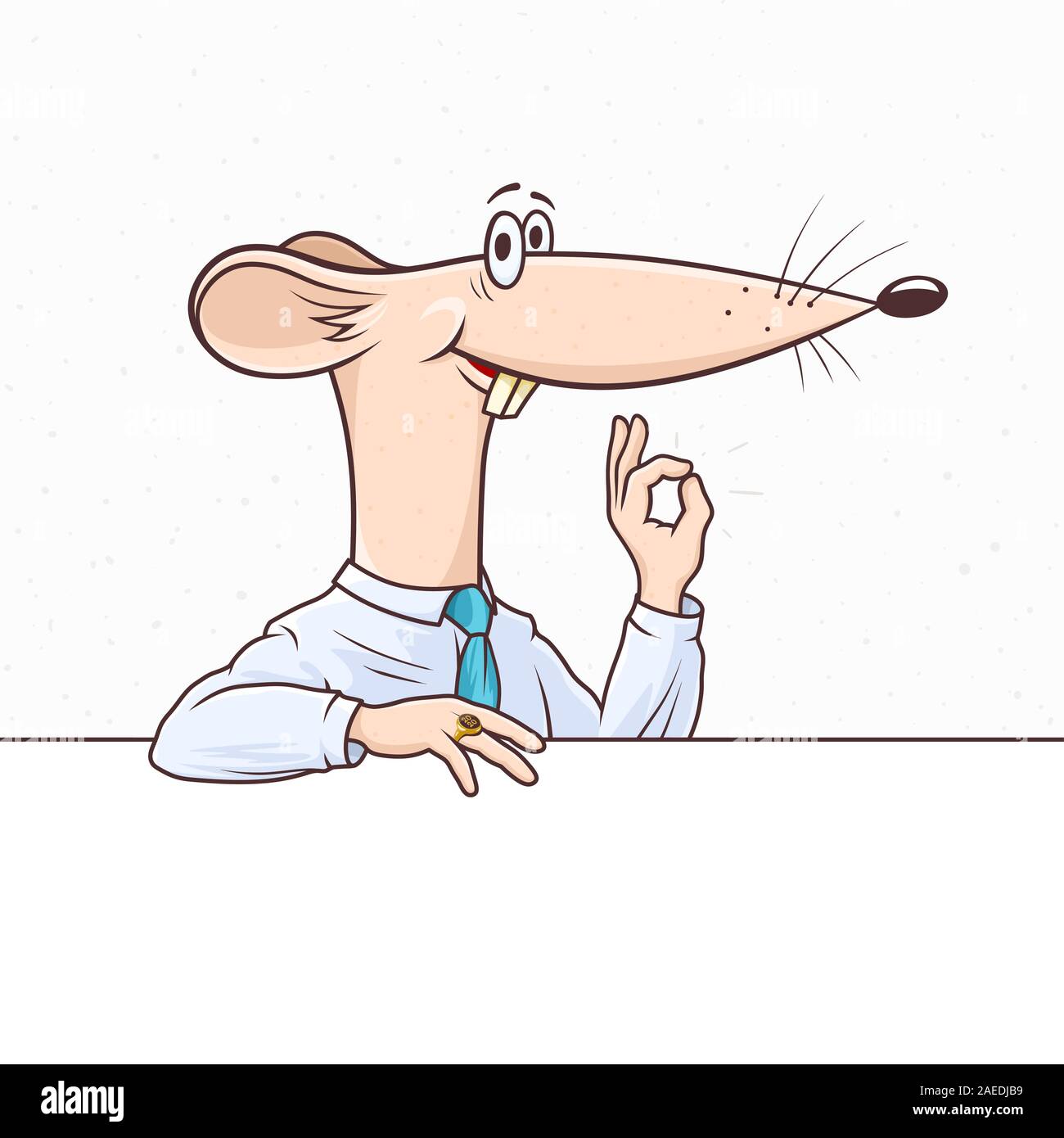 Rat de bureau comme le symbole de la nouvelle année 2020 sourit et montre un geste ok. Cartoon souris dans une entreprise chemise et cravate est adossé à la bannière. Les rasters Banque D'Images