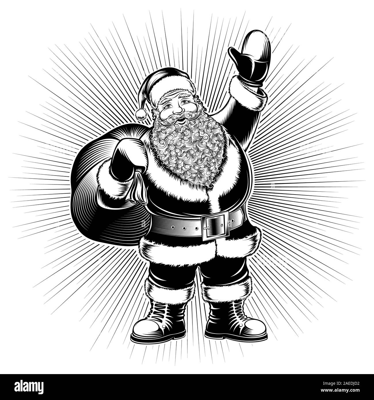 Le Père Noël est la tenue des sacs cadeaux sur fond rayonnant et message d'afficher sur des gestes Noël ou Nouvel An. Les rasters Banque D'Images