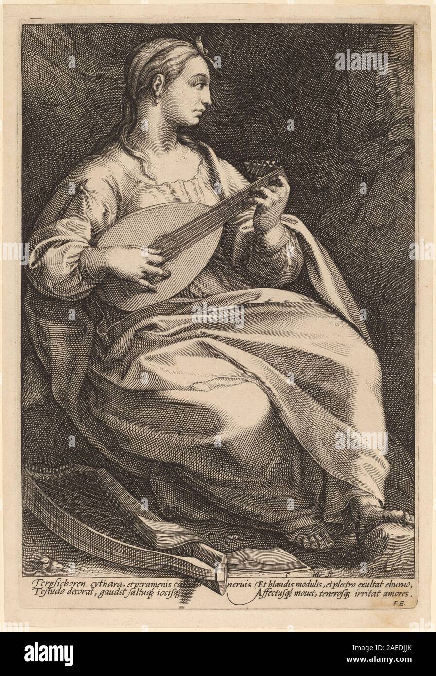 Cette gravure, probablement créée vers 1592 par Hendrik Goltzius, représente Terpsichore, la muse de la danse dans la mythologie grecque. Le travail montre un travail au trait complexe, une composition dynamique et des figures humaines, reflétant le style maniériste du Nord. Banque D'Images
