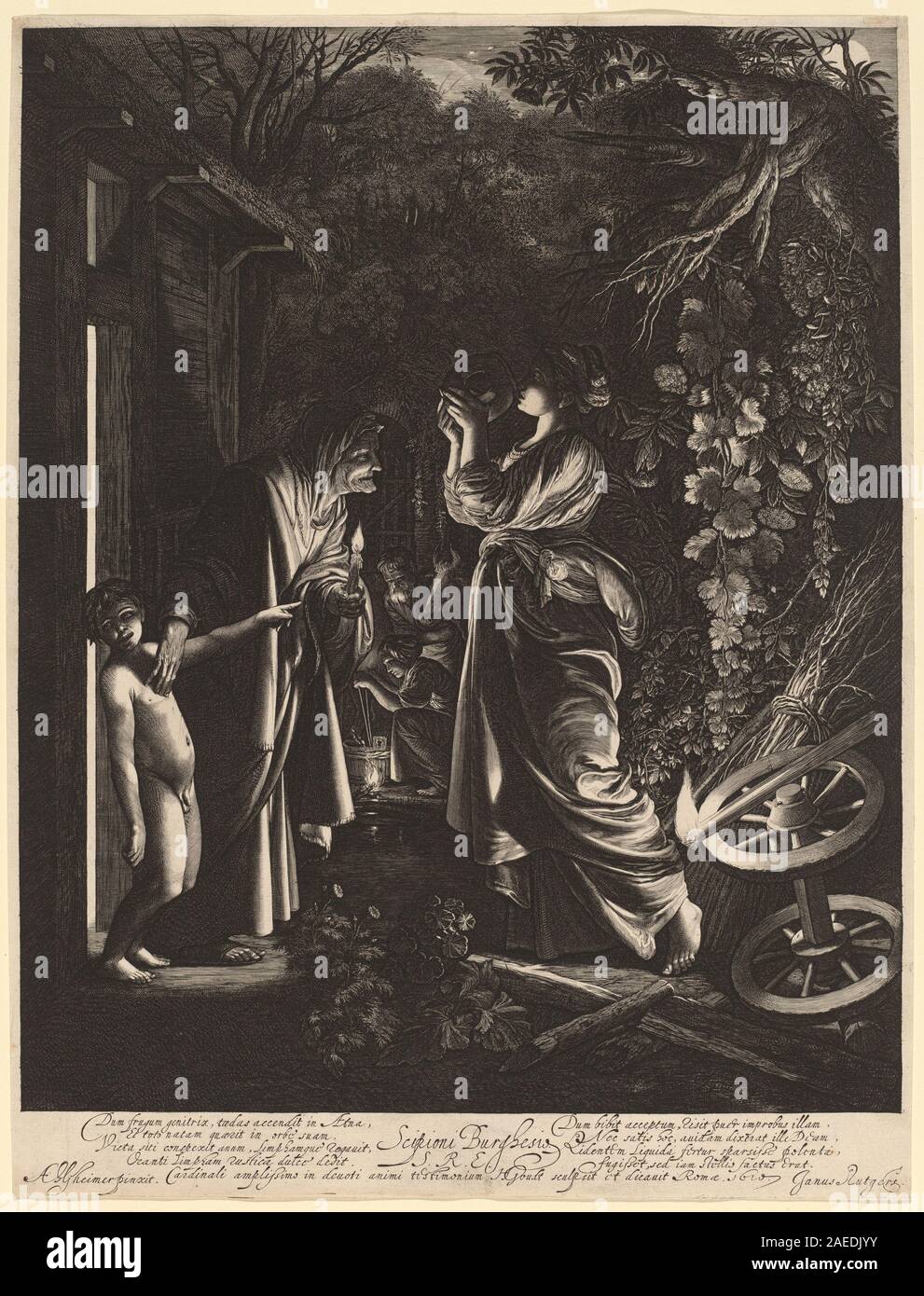 The Mocking of Cérès par Hendrik Goudt d'après Adam Elsheimer, 1610, est une estampe représentant la déesse romaine Cérès en train d'être moquée, illustrant l'estampe néerlandaise du début du XVIIe siècle et la mythologie classique. Banque D'Images