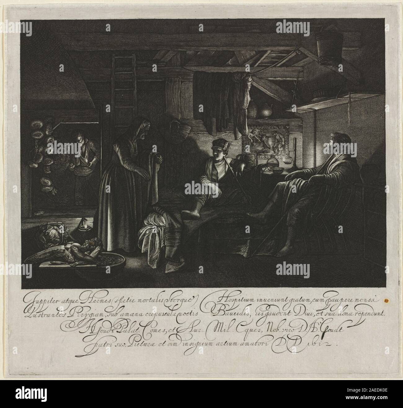 Gravure d'Hendrik Goudt d'après Adam Elsheimer, créée en 1612, représentant Jupiter et Mercure visitant Philémon et Baucis, illustrant des figures, l'architecture et des éléments narratifs classiques. Banque D'Images