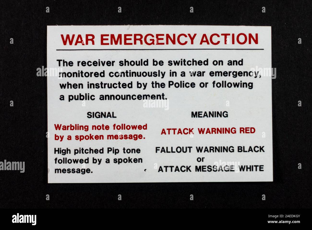 Carte d'action d'urgence de guerre, un morceau de répliques de souvenirs de l'époque de la Guerre froide. Banque D'Images