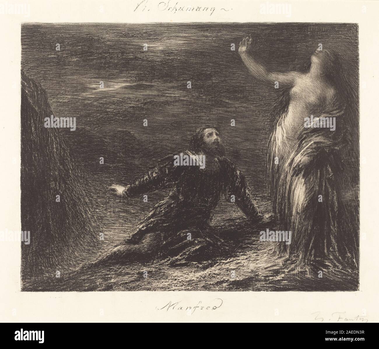 Illustration 'Manfred et Astarté' (2e planche) par Henri Fantin-Latour, 1881, montrant des personnages du drame de Byron, avec costume détaillé, poses dramatiques et style artistique de l'époque romantique. Banque D'Images