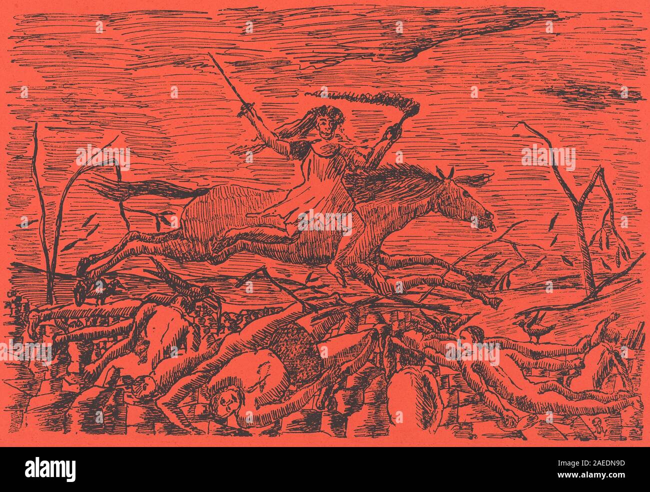 Cette lithographie de Henri Rousseau de 1895, intitulée la Guerre, représente une scène de conflit militaire. L’œuvre met l’accent sur les figures humaines, l’action et la composition, reflétant le style naïf de Rousseau et son intérêt pour l’illustration narrative. Banque D'Images