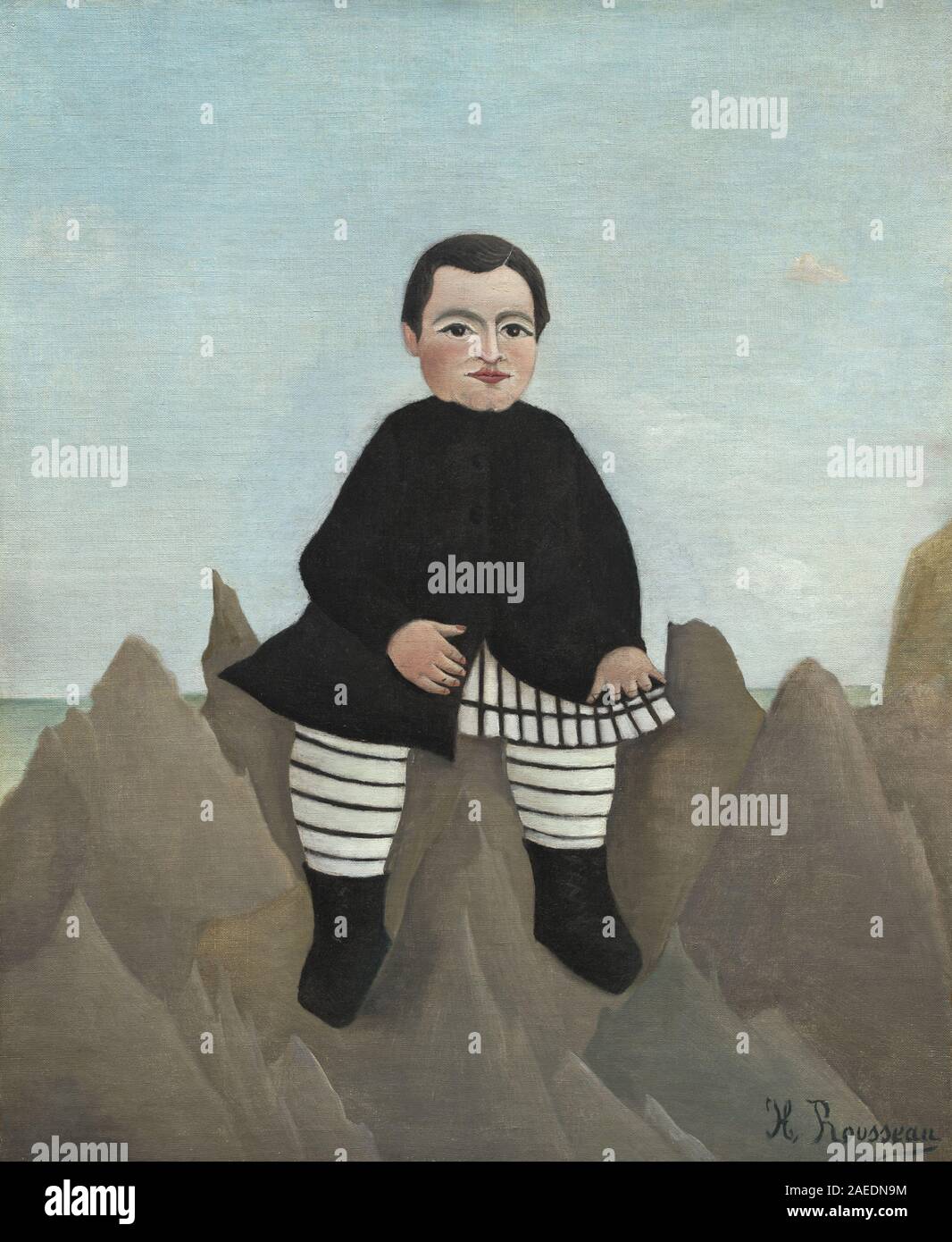 Le tableau d'Henri Rousseau, « Garçon sur les rochers », créé entre 1895 et 1897, représente un garçon assis sur des rochers, entouré de végétation, montrant posture, expression faciale, vêtements, composition, palette de couleurs et style de peinture naïf français de la fin du XIXe siècle. Banque D'Images