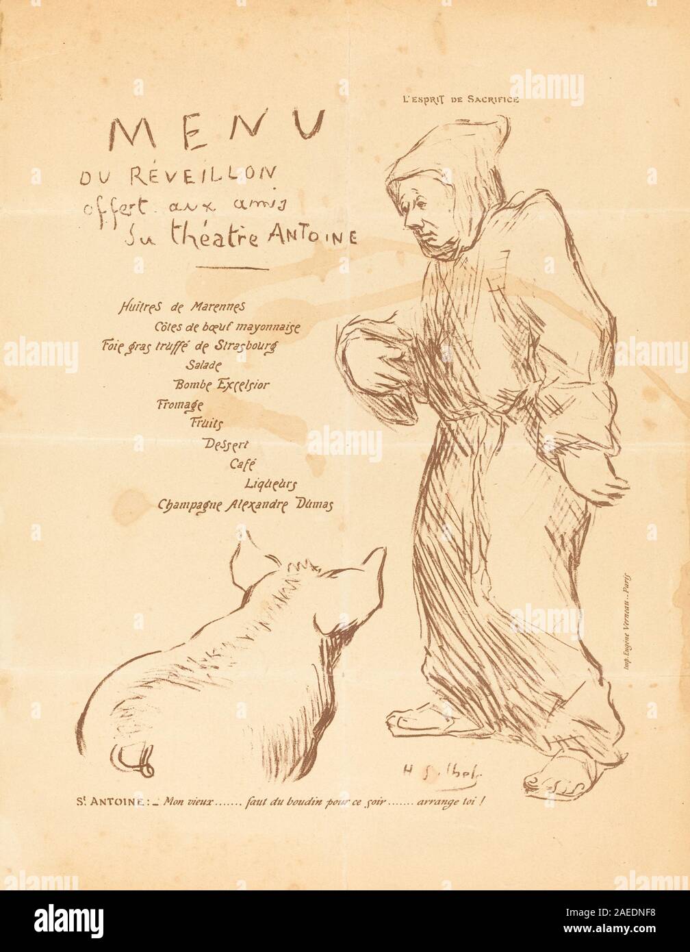 Le menu d'Henri-Gabriel Ibels de la fin des années 1890 pour le Théâtre Antoine comprend texte imprimé, bordures décoratives, illustration, mise en page, typographie, composition, support papier et style graphique français de la fin du XIXe siècle. Banque D'Images