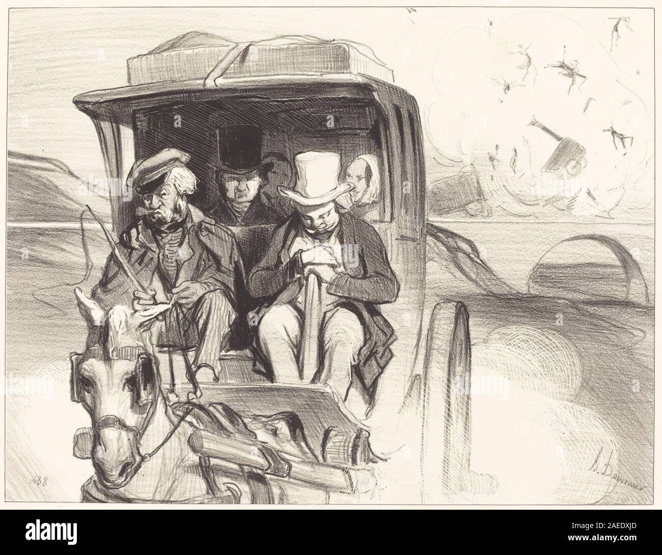 Lithographie d'Honoré Daumier de 1843 intitulée 'allons donc, que diable vérifier', représentant un carrossier en mouvement avec des figures, une calèche et des gestes expressifs caractéristiques de la vie quotidienne française du XIXe siècle. Banque D'Images