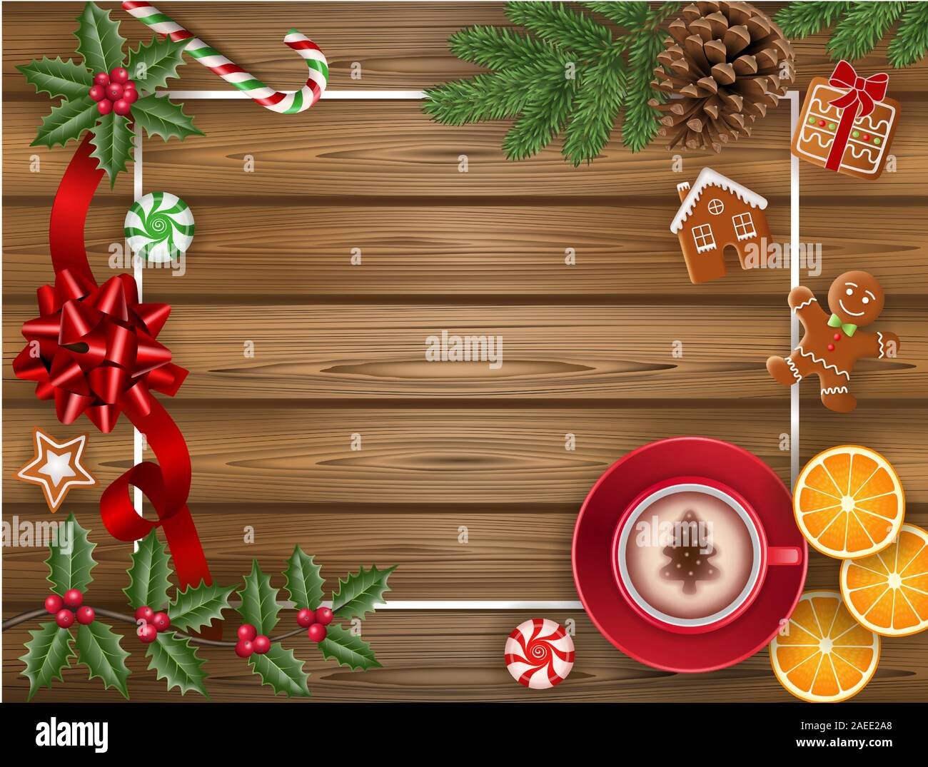 Noël arrière-plan de cappuccino, de pains, des bonbons, des branches de pins et de houx sur table en bois Illustration de Vecteur
