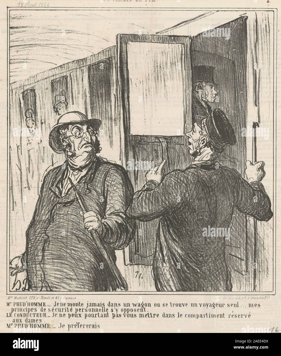 Une lithographie du XIXe siècle d'Honoré Daumier intitulée 'M. Prud'homme : je ne monte jamais' montrant un homme refusant de monter à cheval ou en calèche. L'illustration met l'accent sur l'expression, la posture et l'interaction sociale dans la vie française au cours des années 1800 Banque D'Images