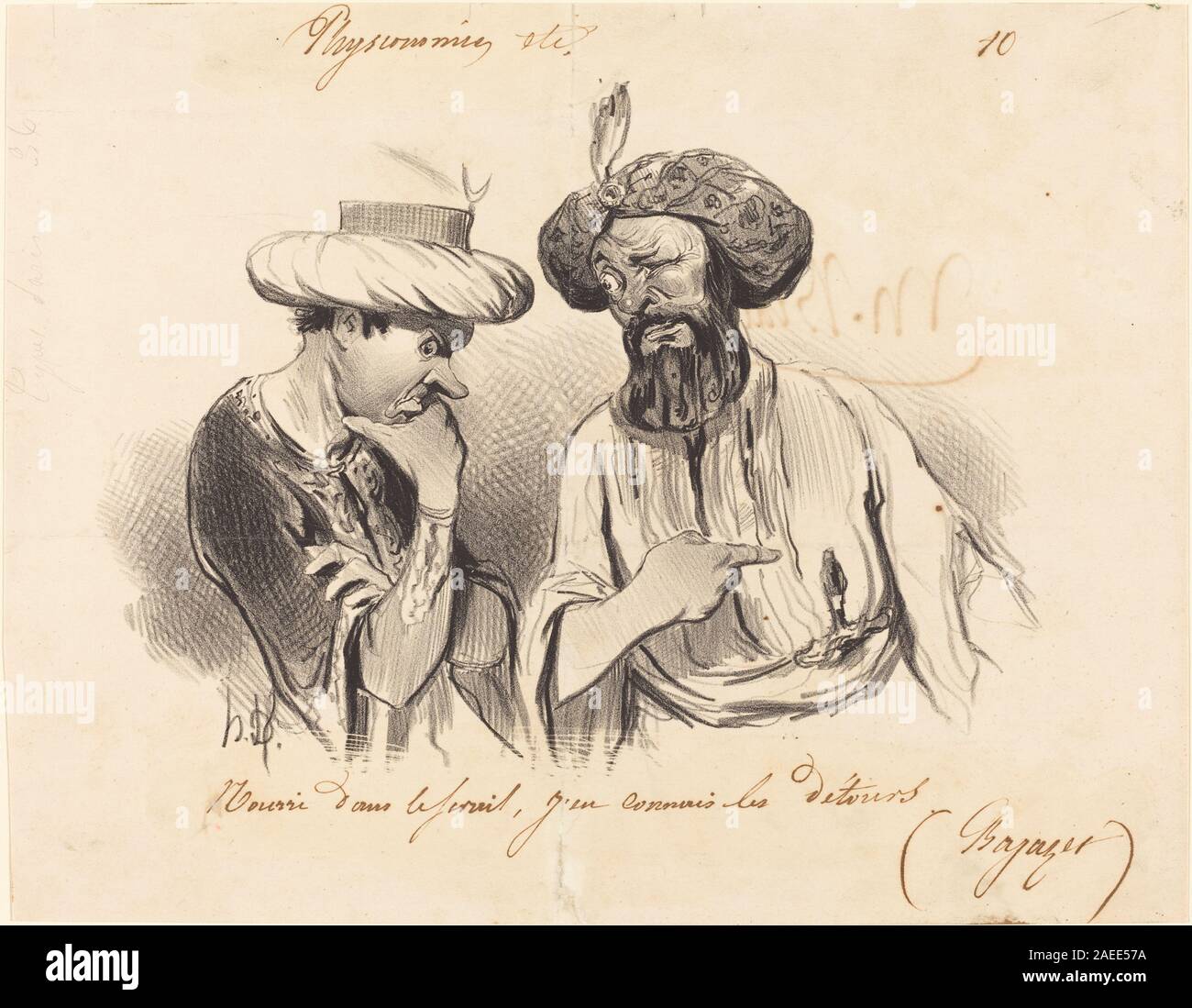 Lithographie d'Honoré Daumier de 1841 intitulée 'nourri dans le séraii', représentant des personnages dans un environnement domestique ou social, montrant des gestes, des expressions et des interactions caractéristiques de la vie française du XIXe siècle. Banque D'Images