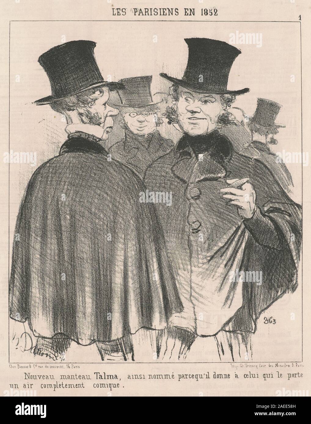 Une œuvre d'art du XIXe siècle d'Honoré Daumier intitulée 'New Talma coat', représentant une figure portant un nouveau manteau, mettant l'accent sur la tenue vestimentaire, la posture, le geste et le style de mode du XIXe siècle. Banque D'Images