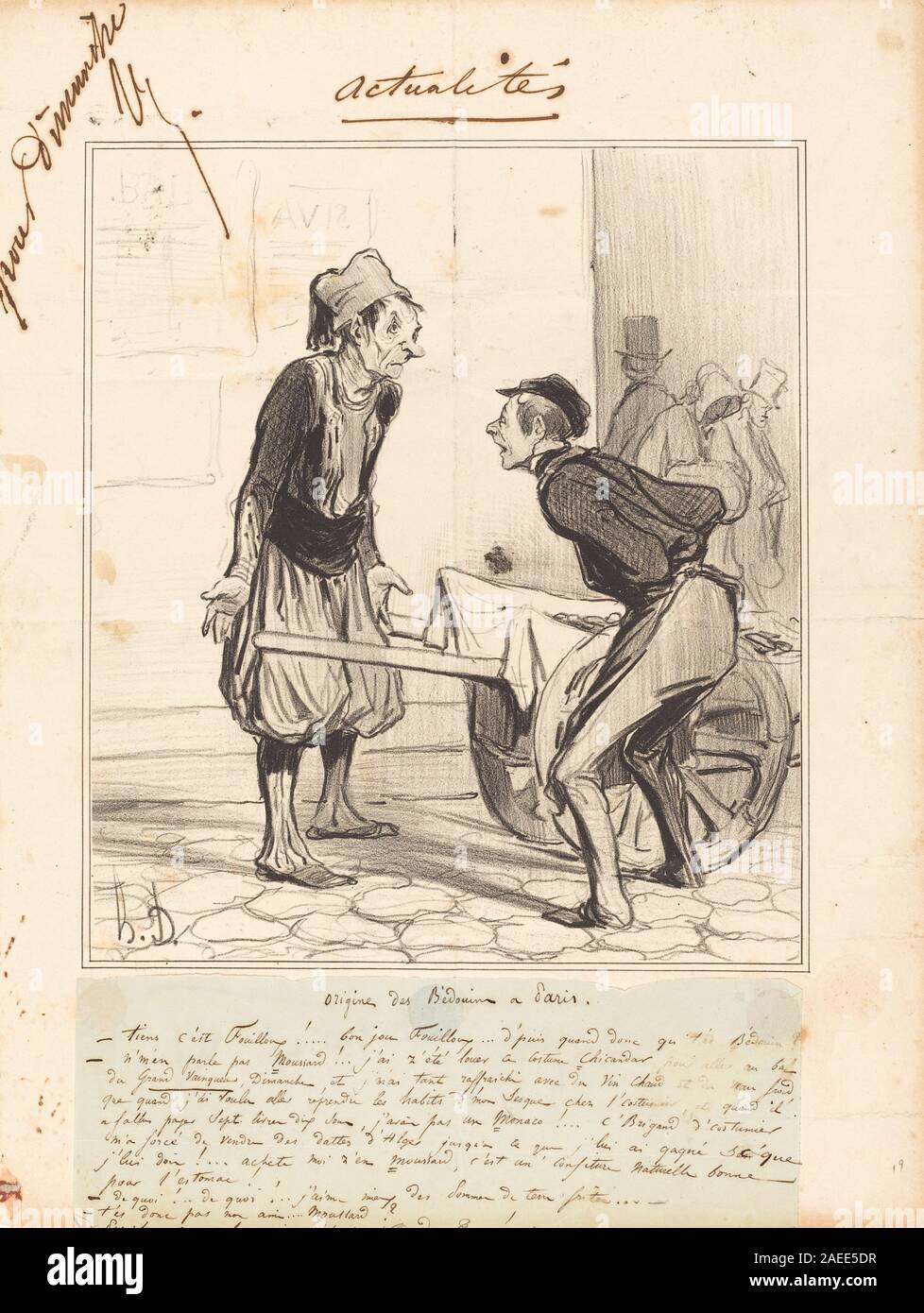 Une œuvre d'Honoré Daumier de 1841 intitulée 'origine des Bédouins à Paris', représentant des figures associées à la culture bédouine dans un cadre parisien, mettant l'accent sur la tenue vestimentaire, la posture, le geste et le contexte social. Banque D'Images