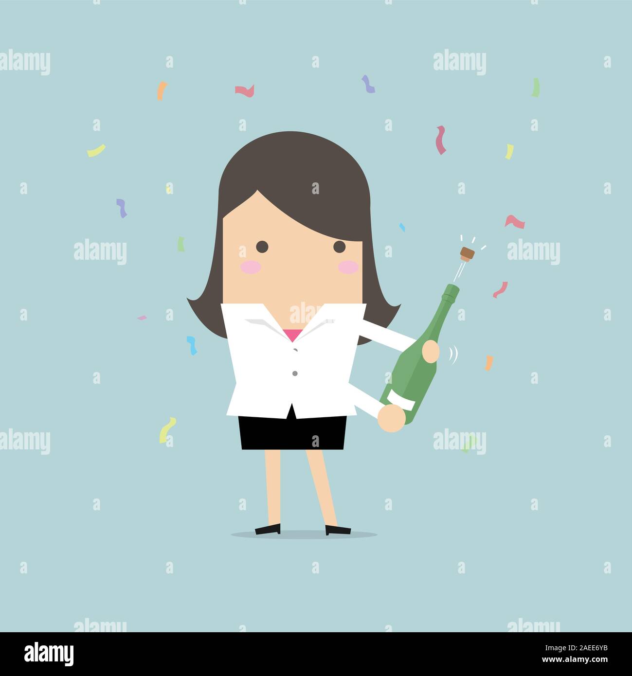 Businesswoman déboucher une bouteille de champagne. Illustration de Vecteur