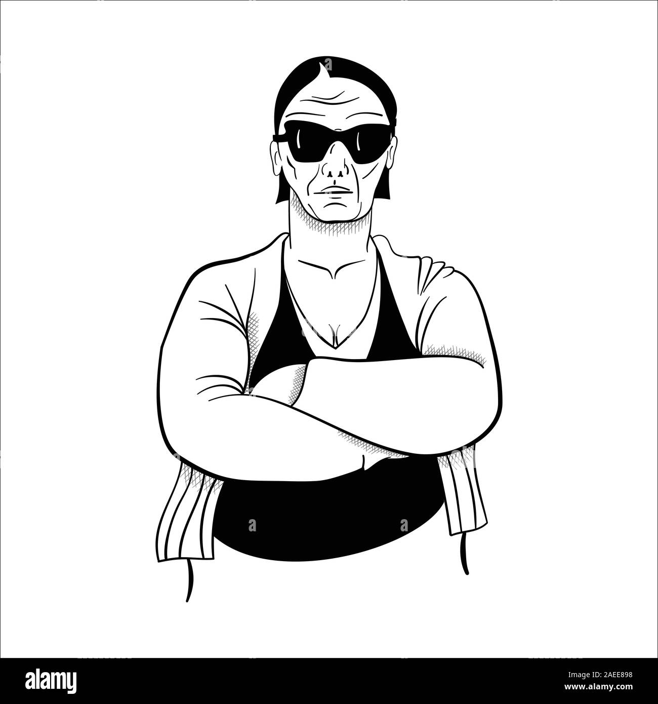 Femme forte et confiante dans lunettes de soleil avec les bras croisés - vector illustration portrait Illustration de Vecteur