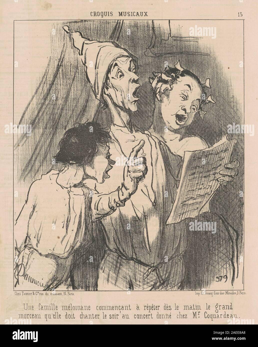 Une famille mélomane est une lithographie du XIXe siècle réalisée par Honoré Daumier représentant une famille musicale engagée avec les instruments et le chant, mettant en évidence l'interaction sociale, la vie domestique et l'expression humaine. Banque D'Images