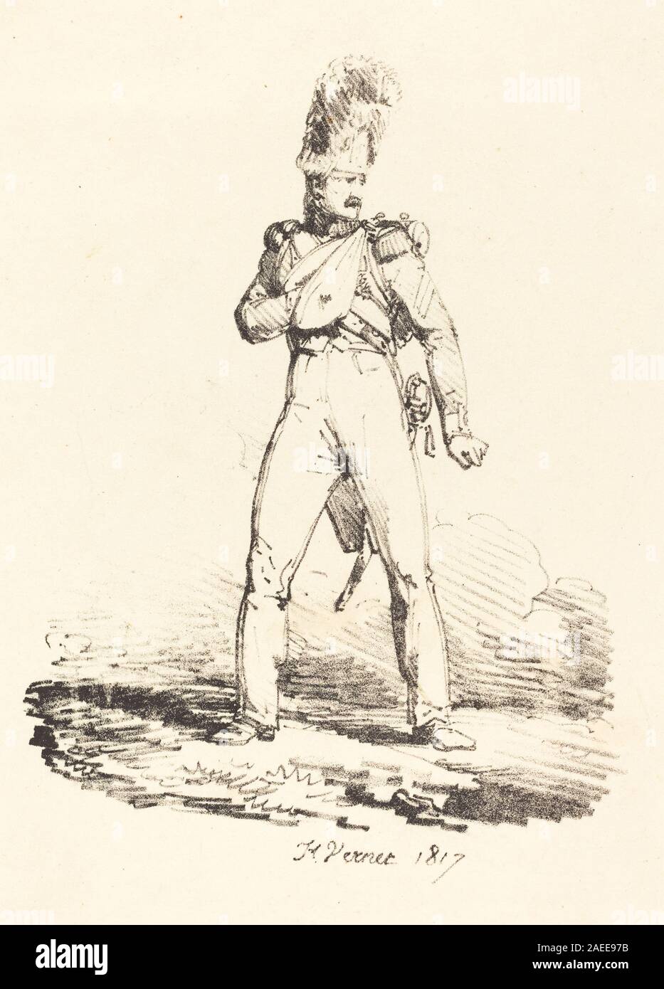 Une peinture de 1817 par Horace Vernet représentant un soldat grenadier, montrant uniforme, posture, arme, expression faciale, accessoires et contexte militaire reflétant la représentation militaire française du début du XIXe siècle. Banque D'Images