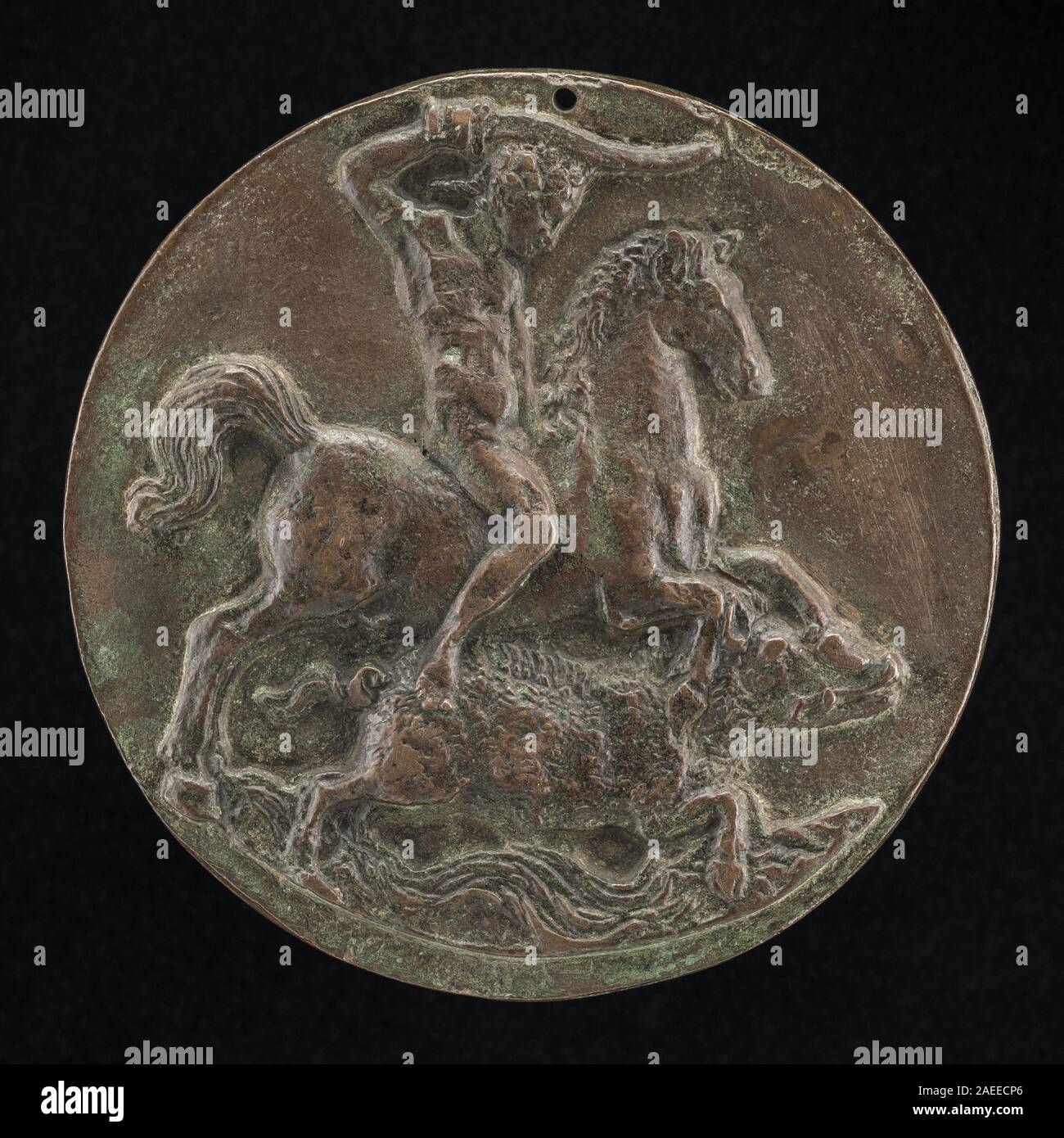 Meleager à cheval, avers italiens de la fin du XVe au début du XVIe siècle, représente le héros mythologique chassant un sanglier, avec cheval, lance, posture dynamique et composition classique de la Renaissance. Banque D'Images