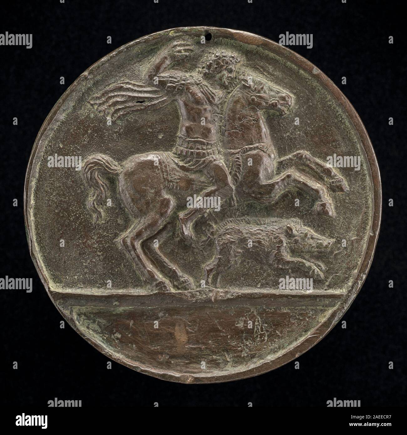 Meleager à cheval, revers, gravure italienne de la fin du XVe au début du XVIe siècle, représente le héros mythologique à cheval, chassant un sanglier, avec lance, vêtements, gestes, et composition classique. Banque D'Images