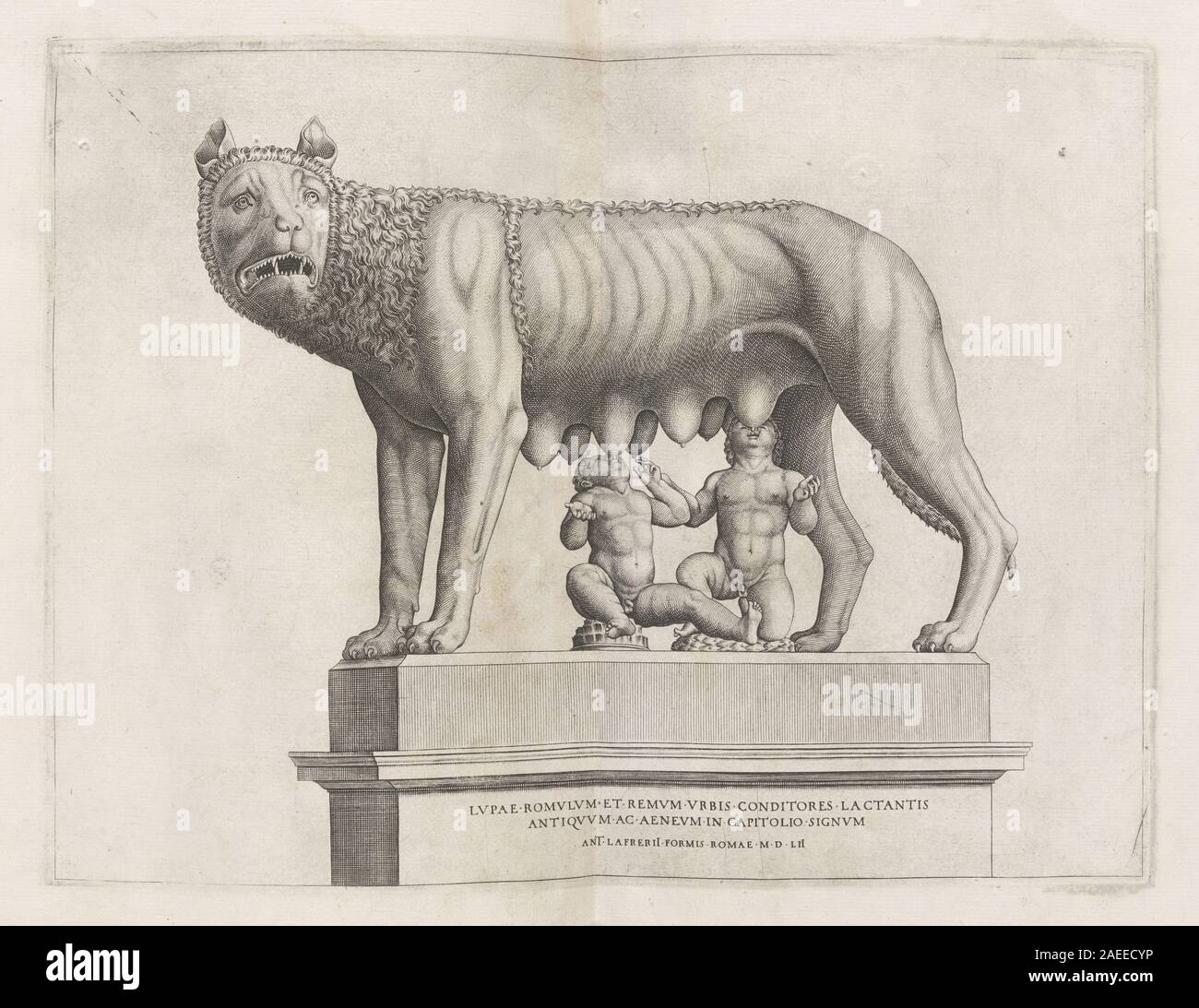 Sculpture italienne du XVIe siècle représentant le loup Capitole avec Romulus et Remus, montrant du matériel en bronze, une figure de loup, des bébés humains, une posture, geste, et iconographie mythologique romaine. Banque D'Images