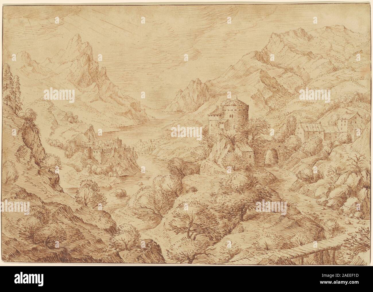 Panoramic River Landscape, créé vers 1590 par Jacob Savery I, représente un vaste paysage riverain avec des collines ondulantes, des arbres, des bateaux et des figures le long de la rive. L'œuvre met l'accent sur la perspective spatiale, les détails naturalistes et les conventions paysagères de la fin du XVIe siècle en Europe du Nord. Banque D'Images