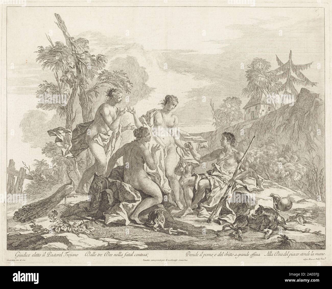 Un tableau de Jacopo Guarana représentant le jugement de Paris, montrant trois déesses, Paris, gestes, expressions, paysage classique, composition et techniques de peinture vénitienne du XVIIIe siècle. Banque D'Images