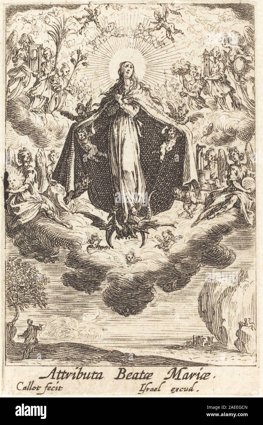 Une gravure de Jacques Callot datant de 1630 ou après montrant la Vierge Marie avec des attributs symboliques tels que couronne, halo, sceptre, livre, entourée d'anges, travail au trait détaillé, estampe française du début du XVIIe siècle et iconographie religieuse. Banque D'Images