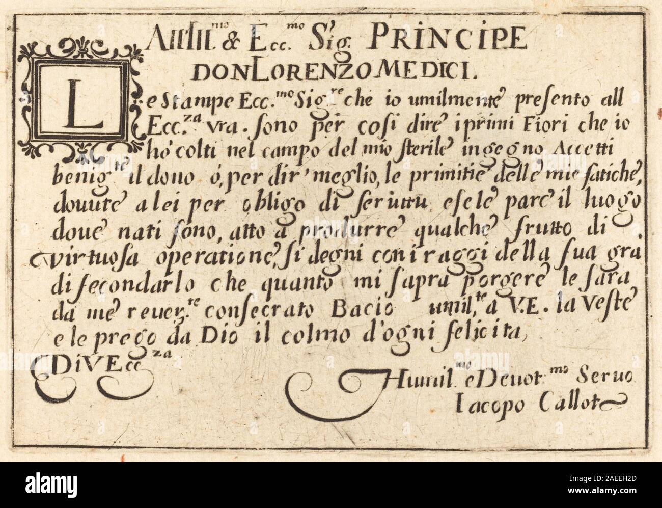 Gravure de Jacques Callot vers 1622 servant de dédicace à Don Lorenzo de' Medici, montrant la conception ornementale, des éléments de texte et des détails de cadrage. Banque D'Images