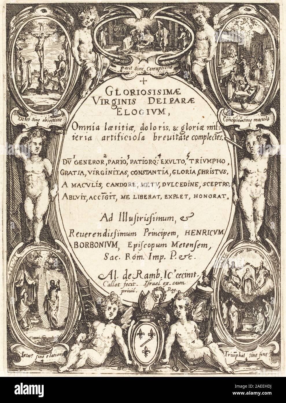 Gravure de Jacques Callot servant de frontispice pour Gloriosissimae, représentant des motifs ornementaux, des cadrages et des éléments textuels. Banque D'Images