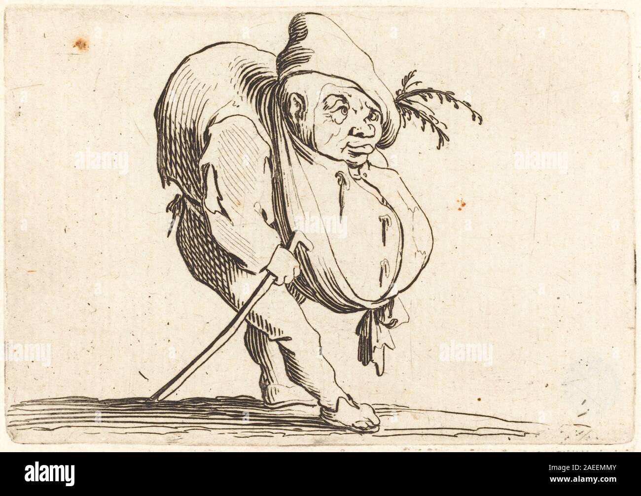Cette gravure de Jacques Callot, vers 1622, représente une figure à dos de poupe avec une canne, mettant l'accent sur la posture, l'expression faciale, les vêtements et les caractéristiques physiques. Le travail reflète l'attention de Callot à la diversité humaine et à l'observation détaillée. Banque D'Images
