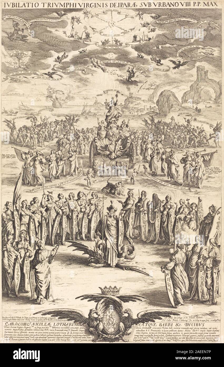 'Le Triomphe de la Vierge' de Jacques Callot, 1625, représente la Vierge Marie entourée d'anges et de figures célestes. La gravure met l'accent sur l'iconographie religieuse, la composition, le geste, les détails baroques et la hiérarchie visuelle, illustrant la dévotion mariale dans l'Europe du XVIIe siècle. Banque D'Images