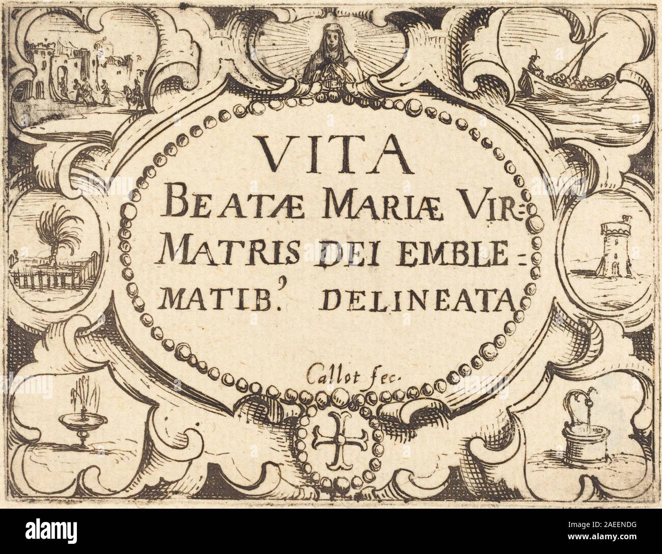 Page de titre conçue par Jacques Callot pour la vie de la Vierge en emblèmes, représentant une bordure décorative, des figures emblématiques, du texte, des lignes de gravure, motifs symboliques et style imprimé français du XVIIe siècle. Banque D'Images