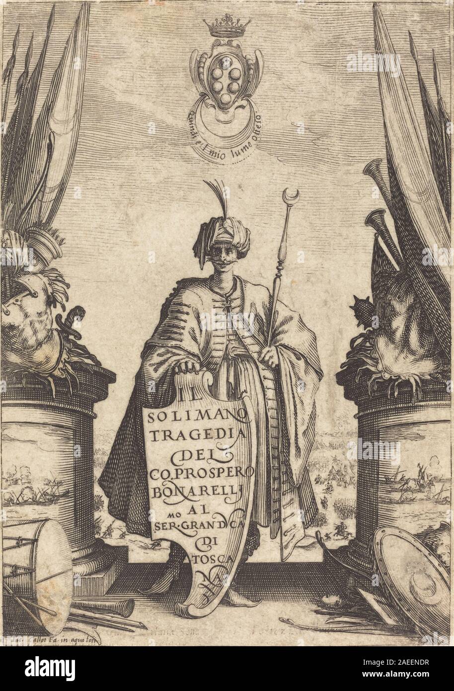 Une page de titre créée en 1620 par Jacques Callot pour il Solimano, présentant un graphisme structuré cohérent avec l'illustration de la page de titre. Banque D'Images