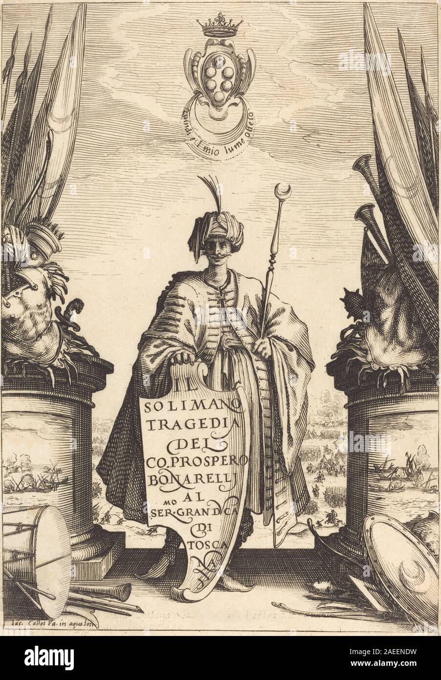 Représente la page de titre de 'il Solimano' en 1620, montrant la bordure ornementale, des éléments textuels, des figures, des motifs décoratifs, et gravure complexe. Banque D'Images