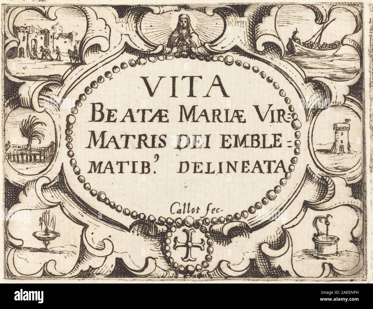Cette gravure de Jacques Callot représente la page de titre de la vie de la Vierge en emblèmes, montrant des bordures ornementales, des figures, des symboles emblématiques et du texte intégré. L'œuvre illustre la conception d'estampes religieuses européennes du début du XVIIe siècle et le travail au trait détaillé. Banque D'Images