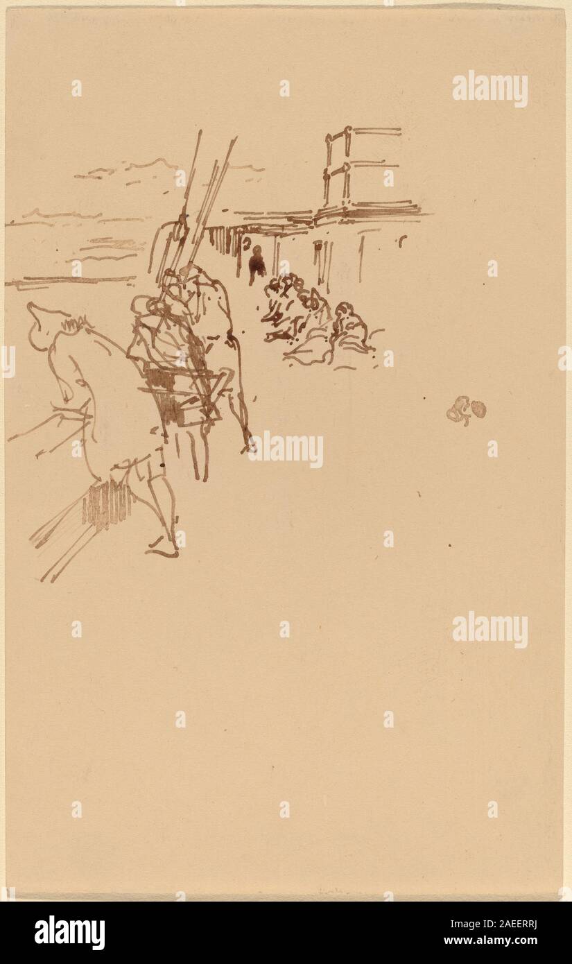 « At Sea » de James McNeill Whistler, probablement en 1901, représente une scène maritime avec des navires, de l'eau et du ciel. La gravure met l'accent sur la lumière, le mouvement et l'atmosphère, capturant l'environnement océanique et la vie maritime au début du XXe siècle. Banque D'Images