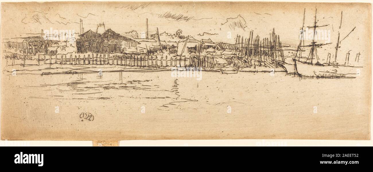 Dry-Dock, Southampton, 1887 de James McNeill Whistler, montre une scène de chantier naval avec des navires, des grues, des ouvriers et des structures de quai, montrant une observation détaillée de l'activité maritime et de l'équipement industriel. Banque D'Images