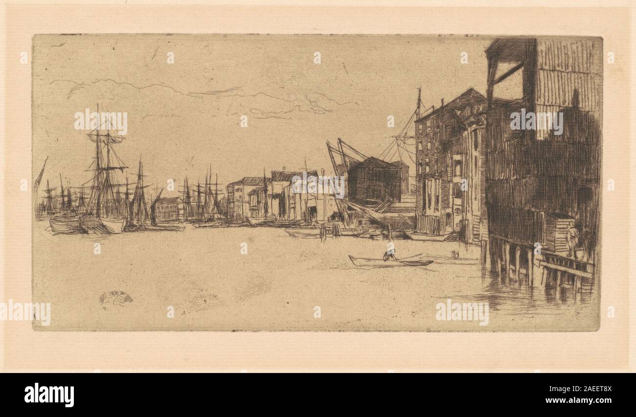 Le tableau de James McNeill Whistler de 1877, 'Free Trade Wharf', dépeint une scène de front de mer avec des navires, des jetées et des structures à quai, mettant l'accent sur les effets atmosphériques, les reflets de l'eau, et la composition typique de ses vues marines industrielles. Banque D'Images