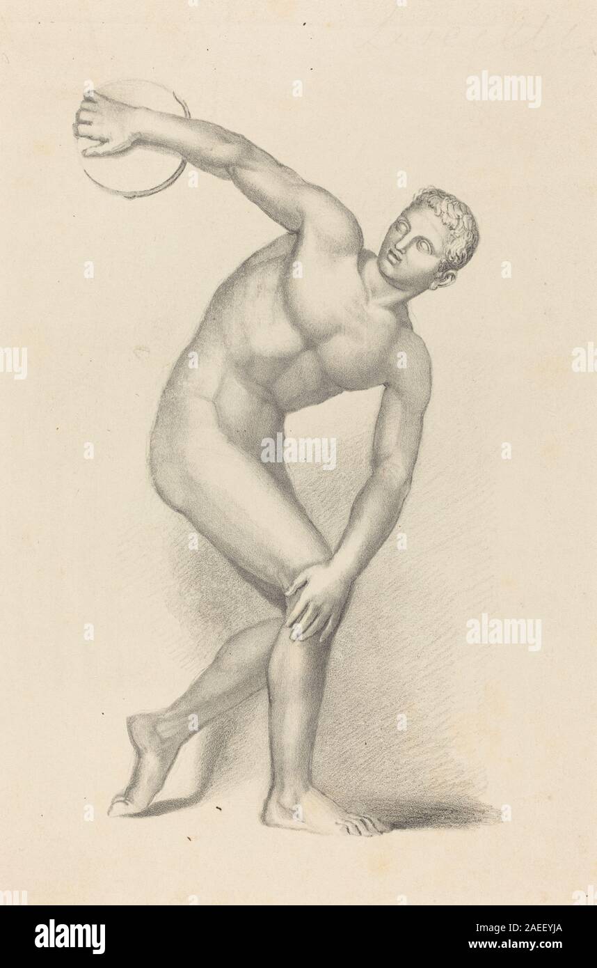 Une représentation de l'ancienne sculpture grecque Discobolus de Myron, reproduite par James William Giles d'après John Flaxman, illustrant le lanceur de disques sous une forme classique avec un accent sur l'anatomie, l'équilibre et les proportions, publiée en 1829. Banque D'Images