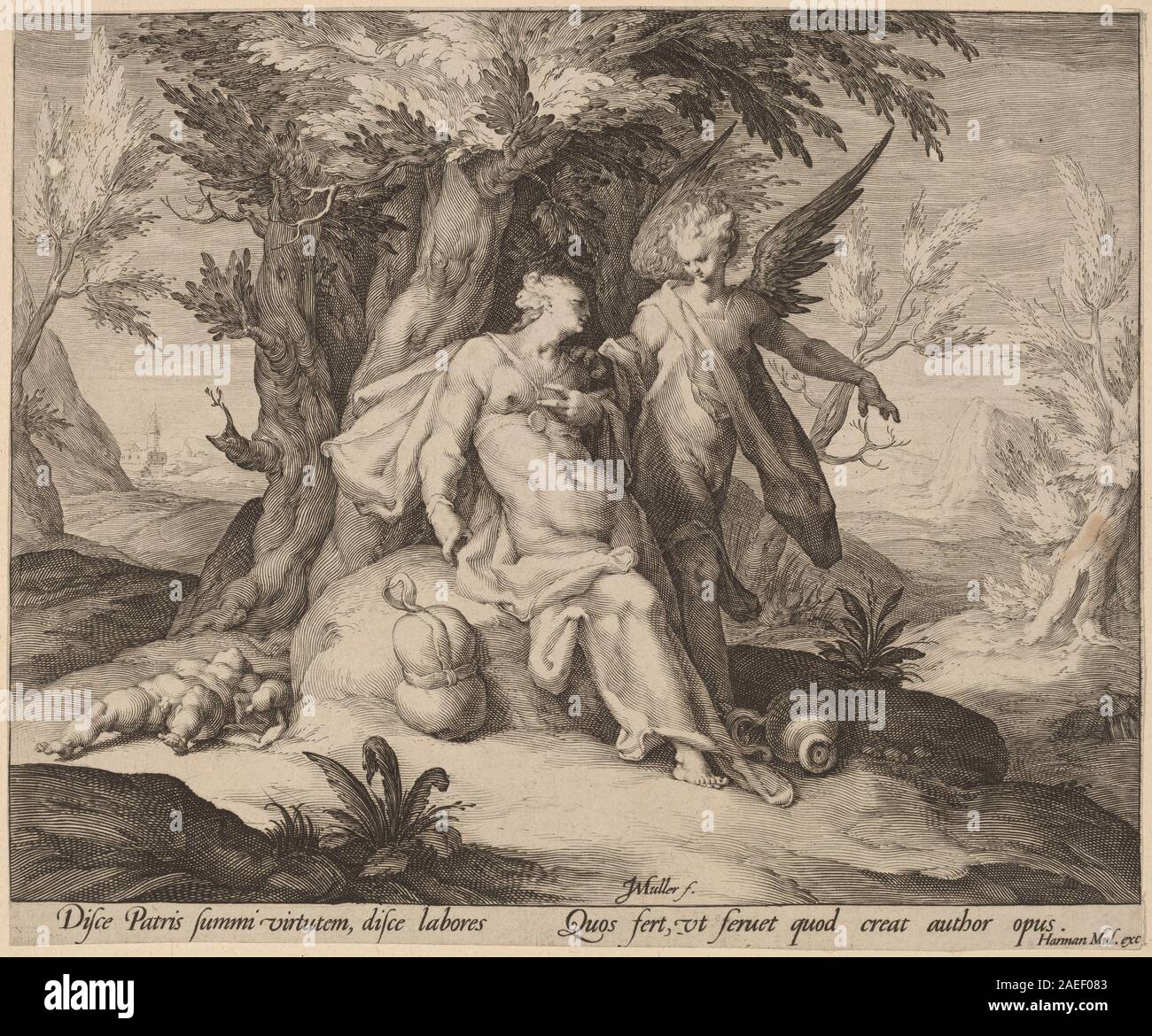 Dépeint la scène biblique d'Agar dans le désert vers 1591, recevant le réconfort d'un ange. La peinture montre un paysage aride, les figures de Agar et de l'ange, et met l'accent sur l'émotion, le geste et la tenue d'époque typique des religieux de la fin du XVIe siècle Banque D'Images