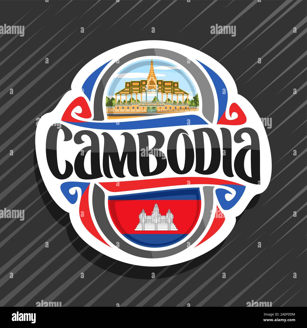 Logo Vector pour Royaume du Cambodge, aimant frigo avec drapeau de l'État cambodgien, pinceau original typeface pour mot cambodge et national symbole cambodgien Illustration de Vecteur