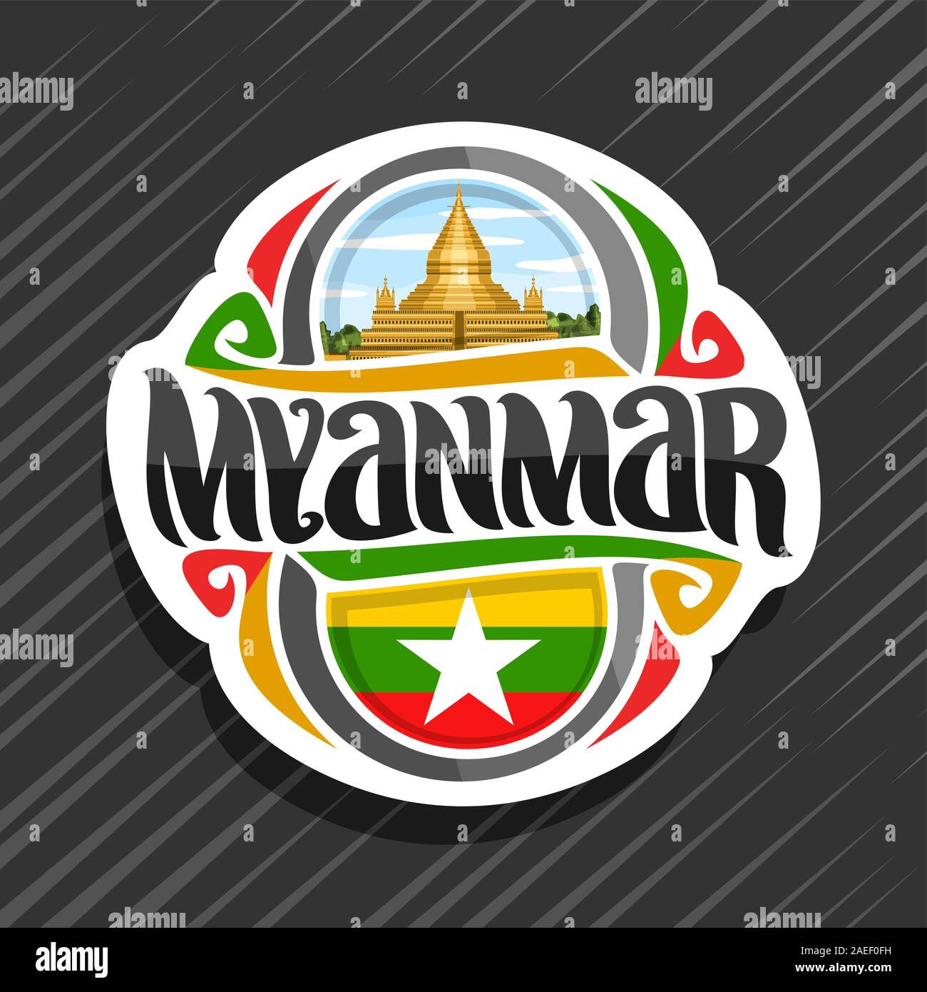 Logo vector pour le Myanmar, pays aimant frigo avec drapeau de l'état birman, pinceau original typeface pour mot Myanmar Myanmar - symbole national et S Illustration de Vecteur